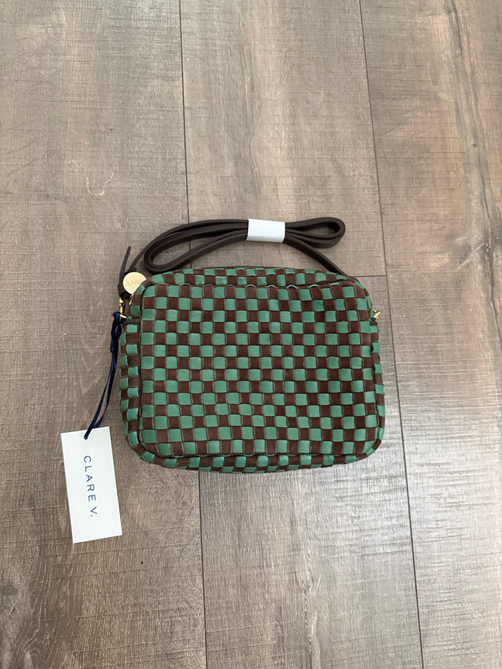Clare V Brown and Green Woven Checkerboard Crossbody